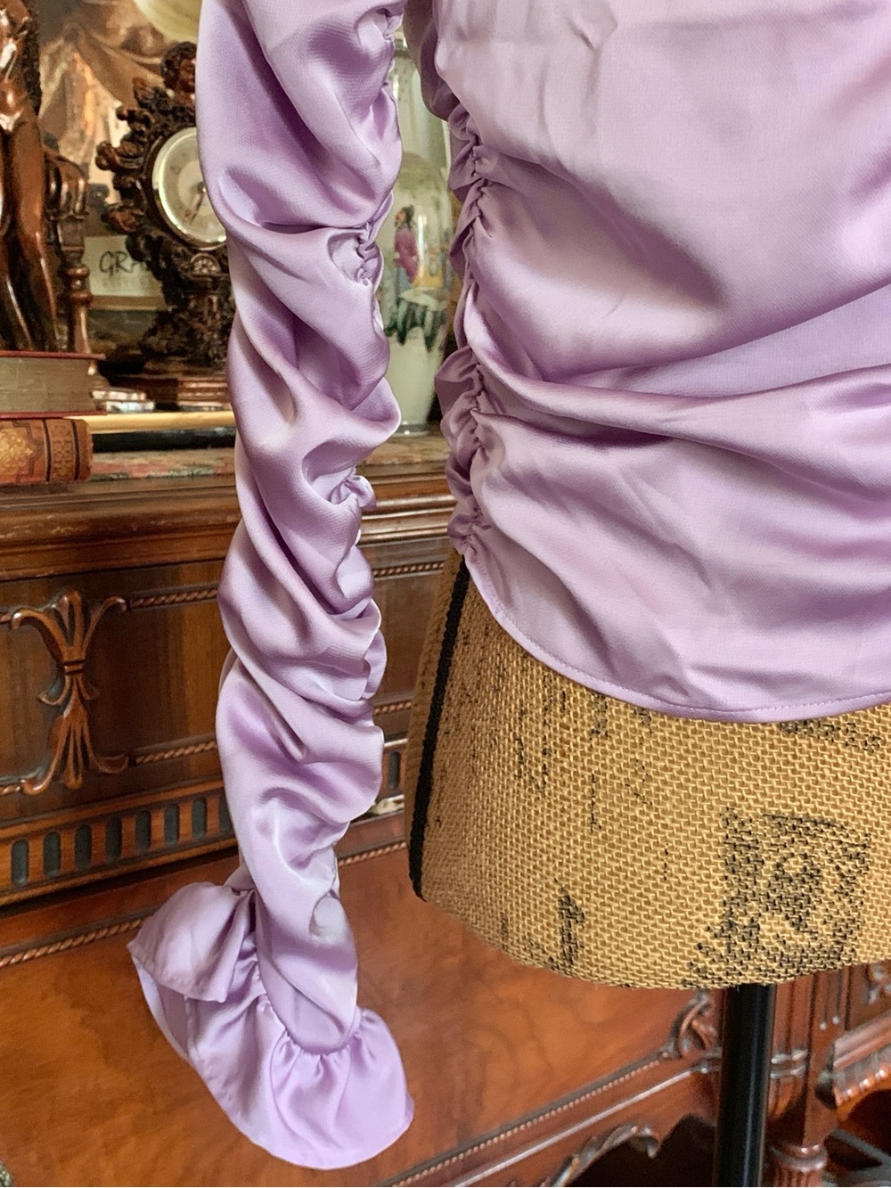 Pre-loved Lilac Satin Ruched Ruffle Sleeve Victorian-insired Blouse Top - Picture 6 of 8